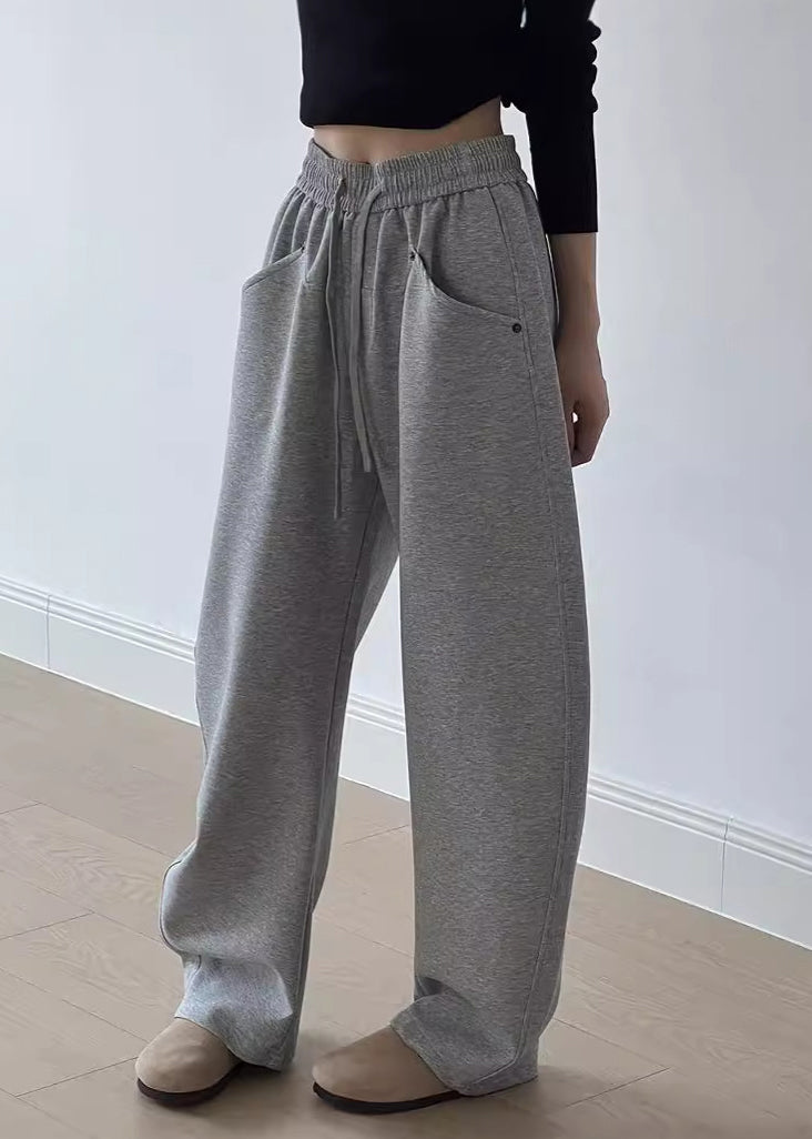 Grey Pockets Drawstring Elastic Waist Cotton Pants Fall Af1072
