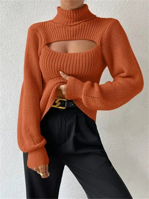 Hollow Out Knit Sweater Pullover for Turtleneck Ribbed High Street Long Sleeve Knitwear Loose Sweater Female