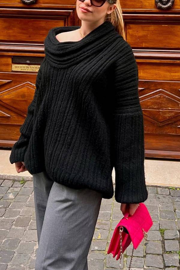 Fashionable Irregular Collar Loose Knitted Sweater