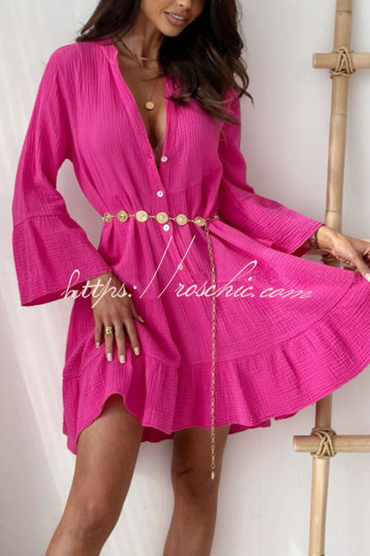 Linen Blend V-neck Bell Sleeve Mini Dress