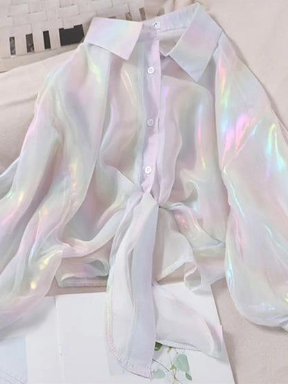 Buttoned Up Shirt Shirts Half Sleeve Shinning Sparkles Tied Waist Blouses for Autumn