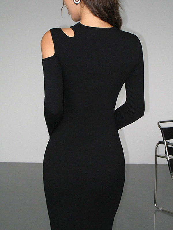 Long Sleeves Skinny Hollow Color Cold Shoulder Maxi Dresses