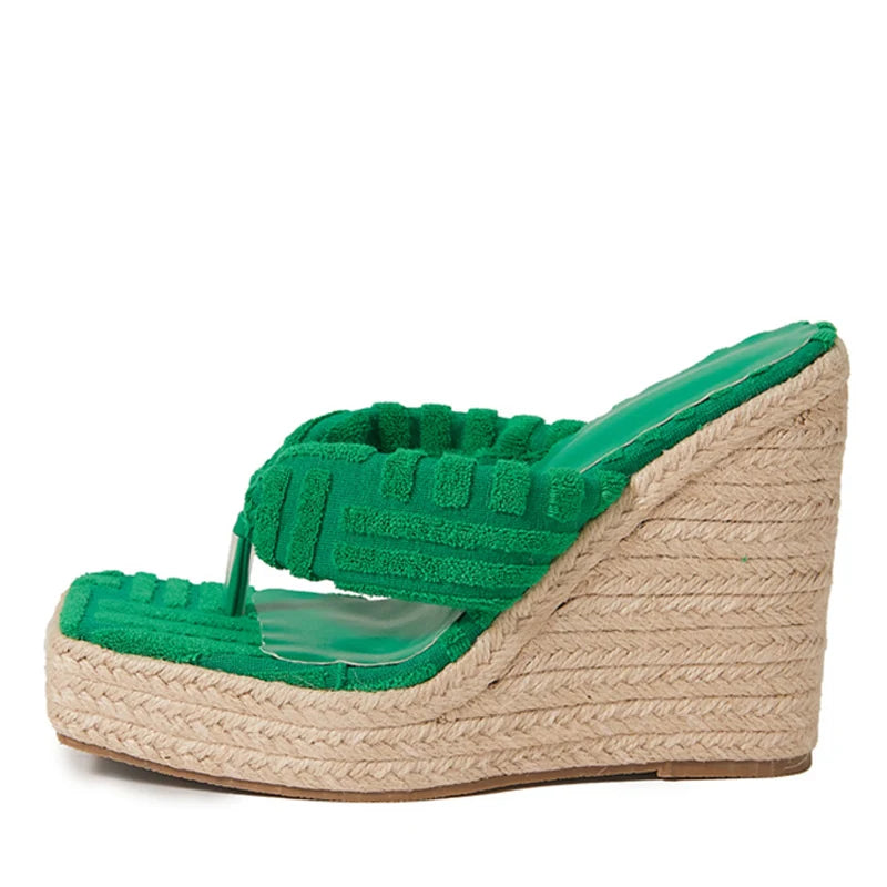 Liyke Green Corduroy Narrow Band 13.5cm Wedges Heels Slippers – Stylish Open Toe Platform Sandals for ’s Summer Dress Shoes