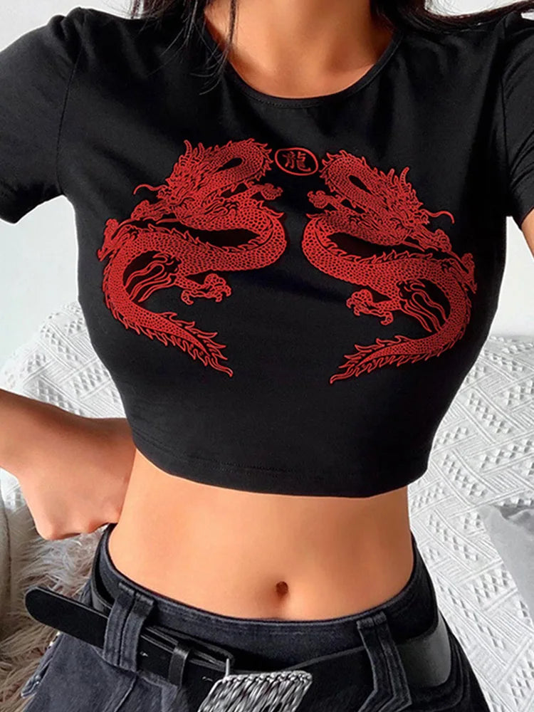 Short Sleeve Dragon Print T-shirt Summer Crop Top for Shopping Daily Wear
