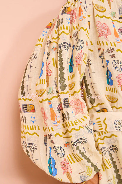 Country Cutie Unique Print Long Sleeve Belted Pocket Shirt Maxi Dress