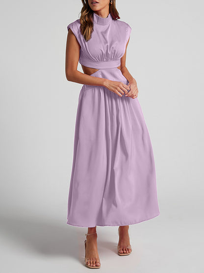 Cap Sleeve Belly-hollow Pleated Color Stand Collar Maxi Dresses