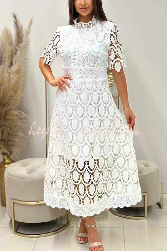 Crocheted Cutout Lace Short-sleeved Stand-collar Midi Dress