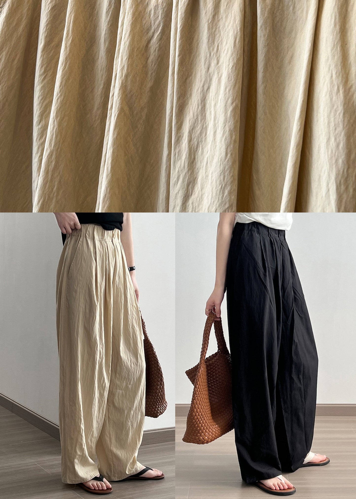 Khaki High Waist Wrinkled Cotton Wide Leg Pants Fall Af104