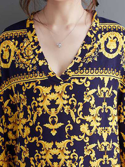 A-line Batwing Sleeves Printed V-neck Maxi Dresses