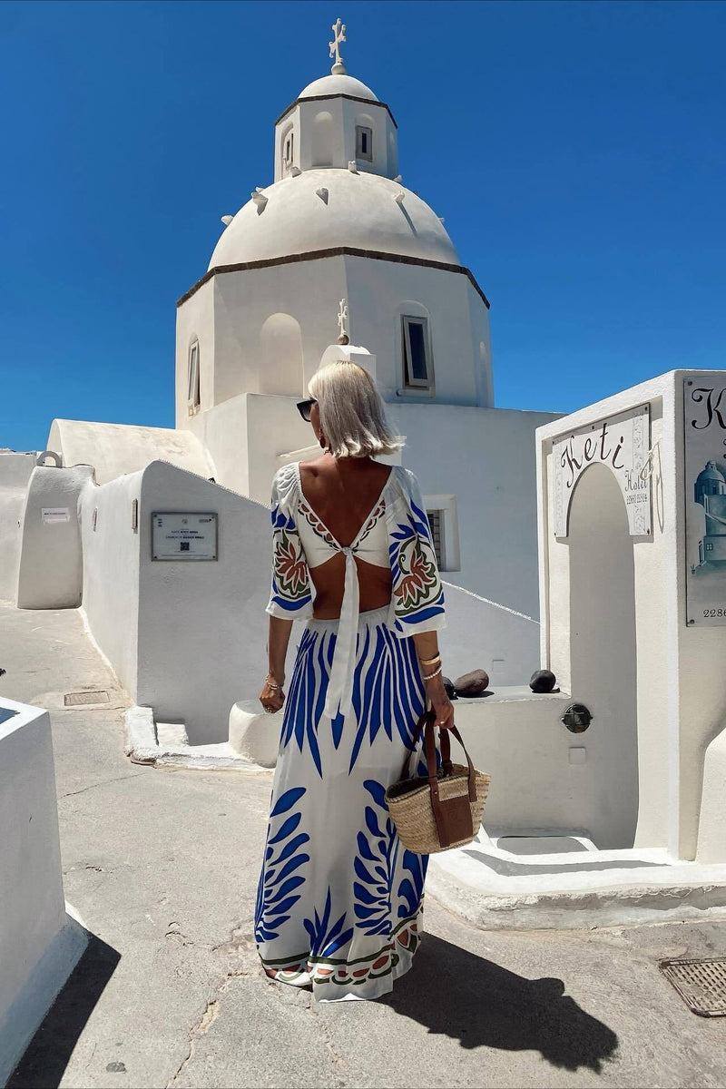 Vacation Print Backless Slim Maxi Dress