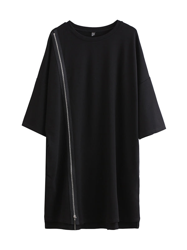 Original Black Zipper Batwing Sleeve Round-neck Mini Dress
