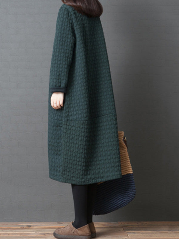Loose Color Split-joint With Pocket Round-neck Long Sleeves Midi Dress