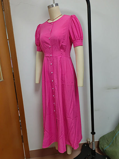 Puff Sleeves Short Sleeves Buttoned Color Round-neck Midi Dresses Shirt Dress