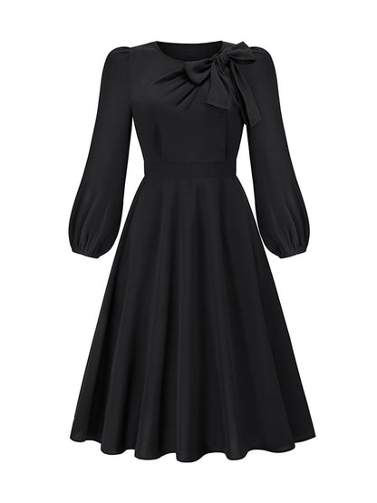 A-line Long Sleeves Asymmetric Bowknot Elasticity Color Round-neck Midi Dresses