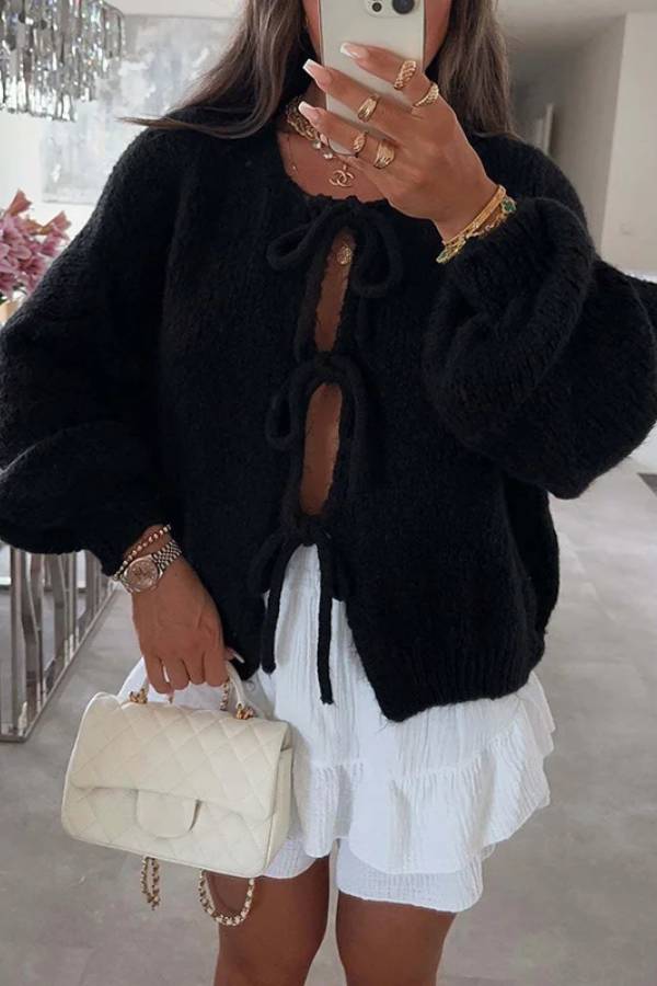 Stylish Color Crew Neck Lace-up Sweater