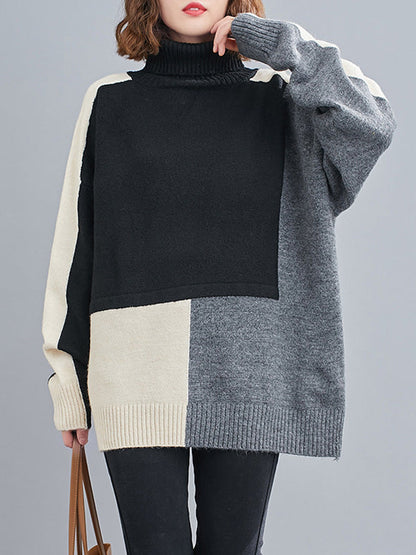 Stylish Grey High-neck Color-block Long Sleeve Knit Sweater An1043