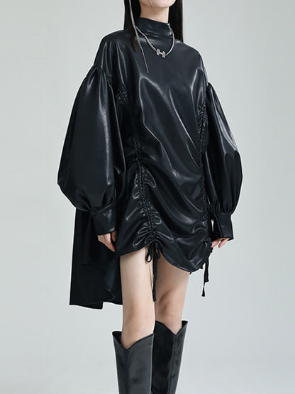 High-low Long Sleeves Drawstring Pleated Color Stand Collar Mini Dresses