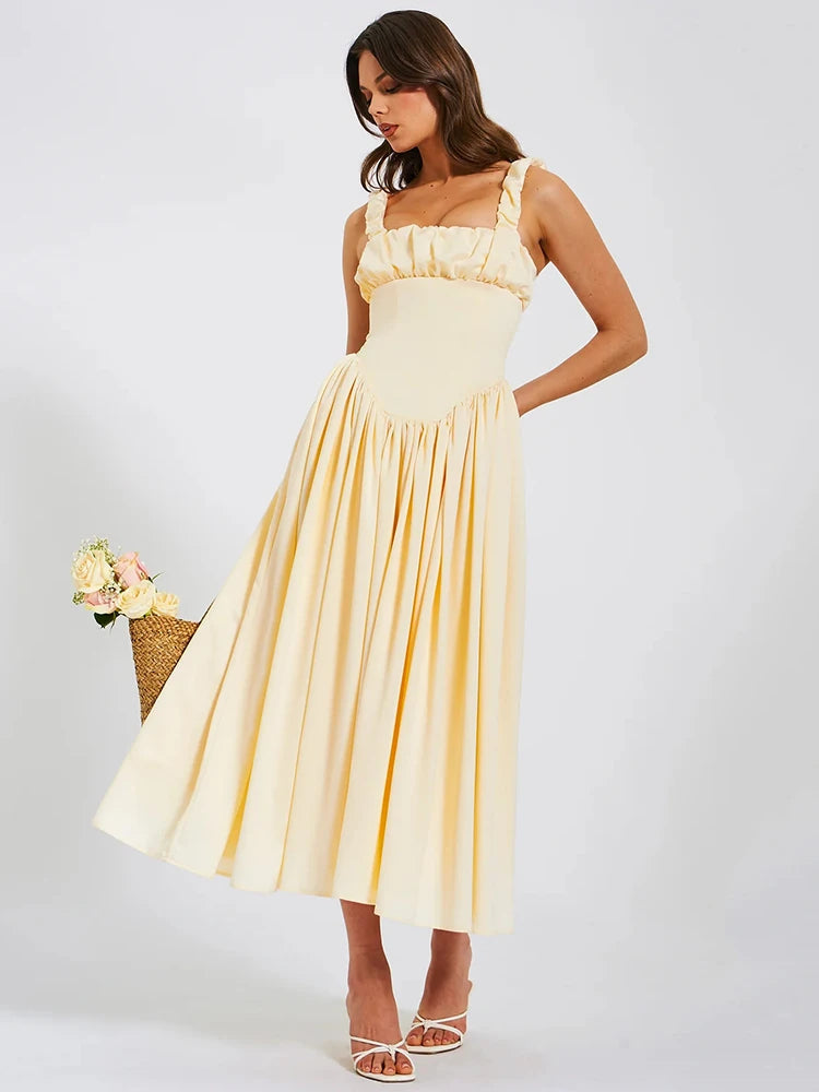 Satin Backless Midi Dress for Sundress Square Collar Sleeveless Loose Pleated Dress