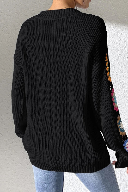 Black Crochet Flower Splicing V-neck Pullover Sweater