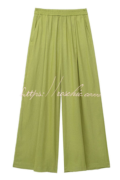 Color Loose Shirt and Elastic Waist Pocket Wide Leg Pants Set