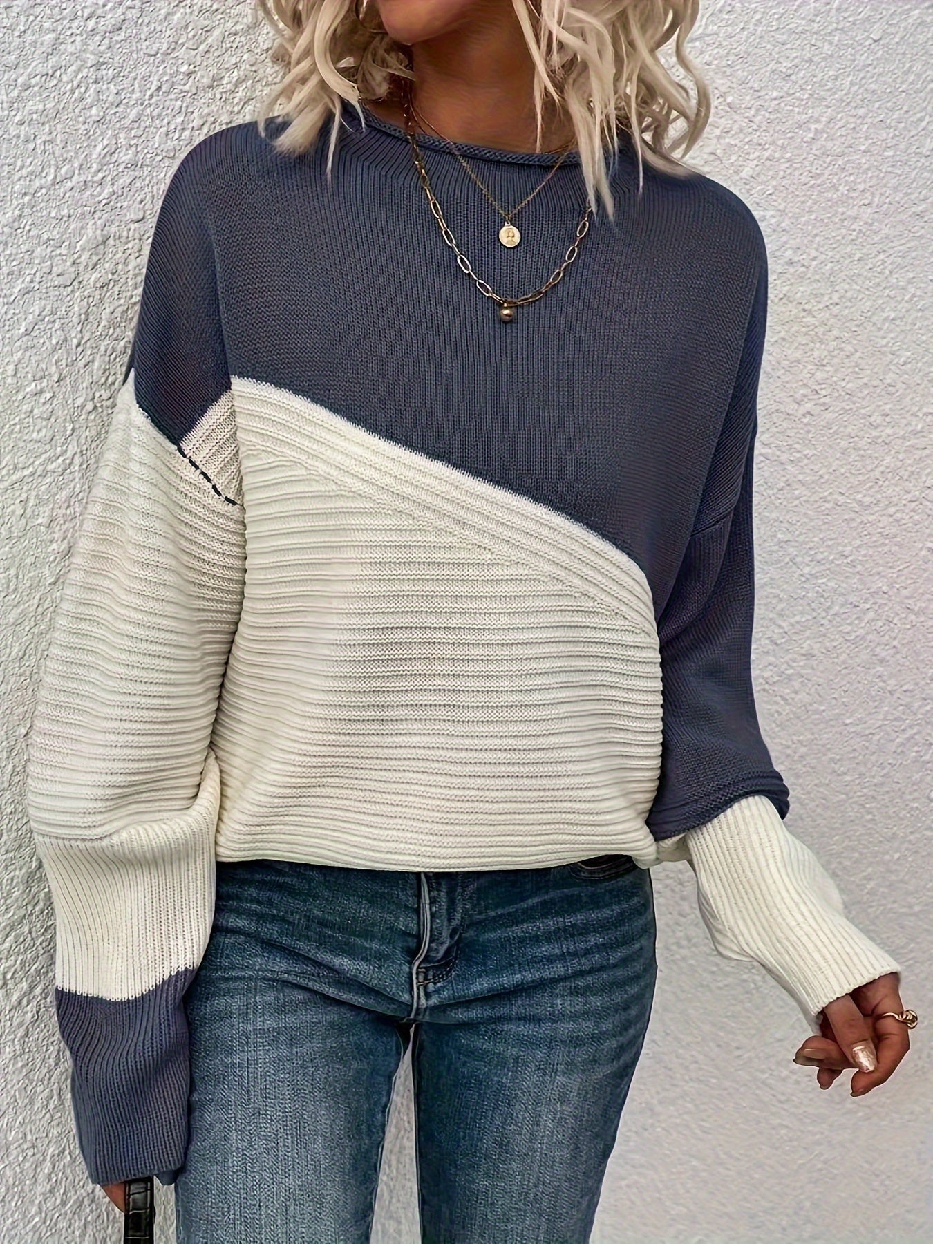 Color Block Loose Pullover Sweater Rj9313