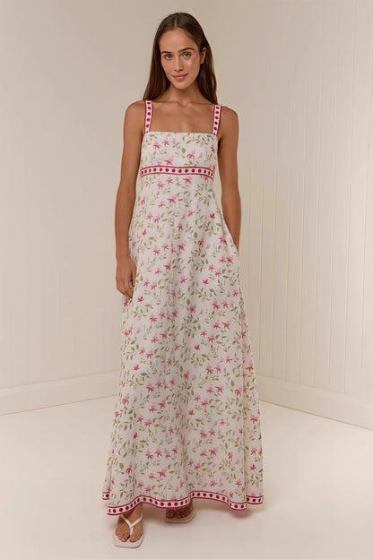 Linen Print Spaghetti Strap Summer Maxi Dress