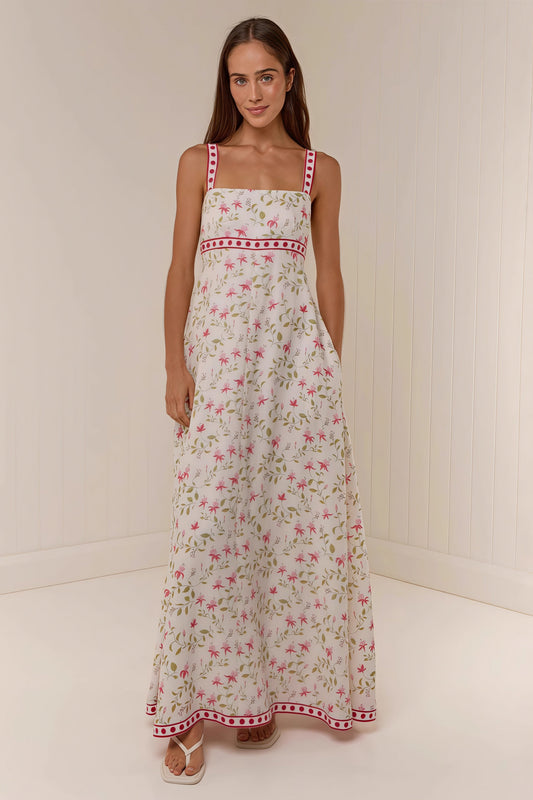Linen Print Spaghetti Strap Summer Maxi Dress