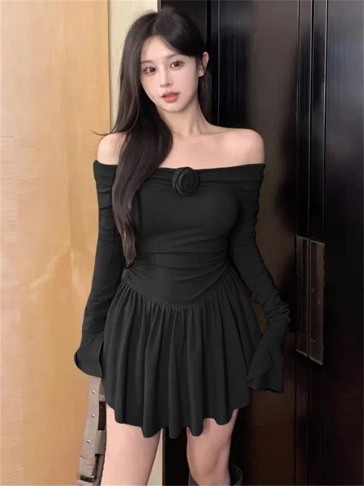 Splice Flower Bodycon Mini Dress for Ruffled Folds High Waist Dresses Femme Off Shoulders Slim Dress Woman