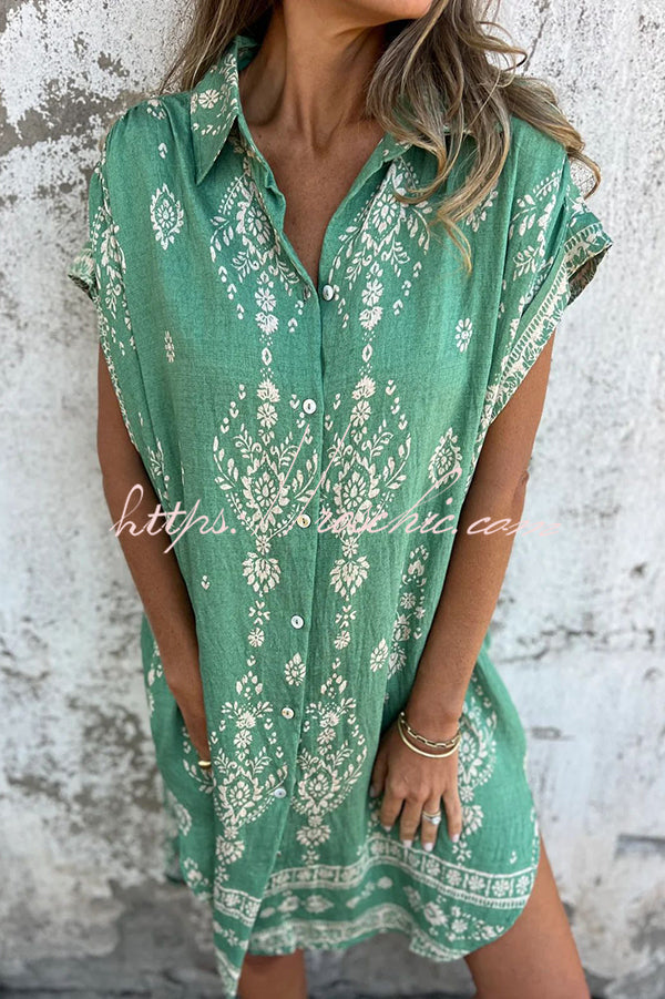 Linen Blend Unique Print Lapel Pocket Mini Dress