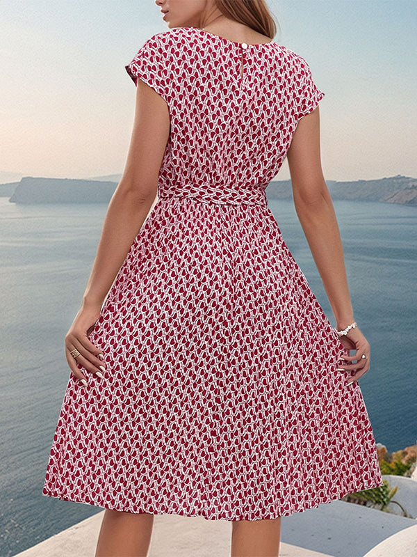 Loose Raglan Sleeve Printed Tied Waist Round-neck Midi Dresses