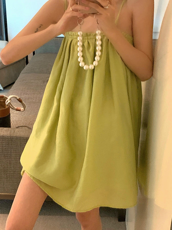 Loose Sleeveless Pleated Color Spaghetti-neck Mini Dresses Slip Dress