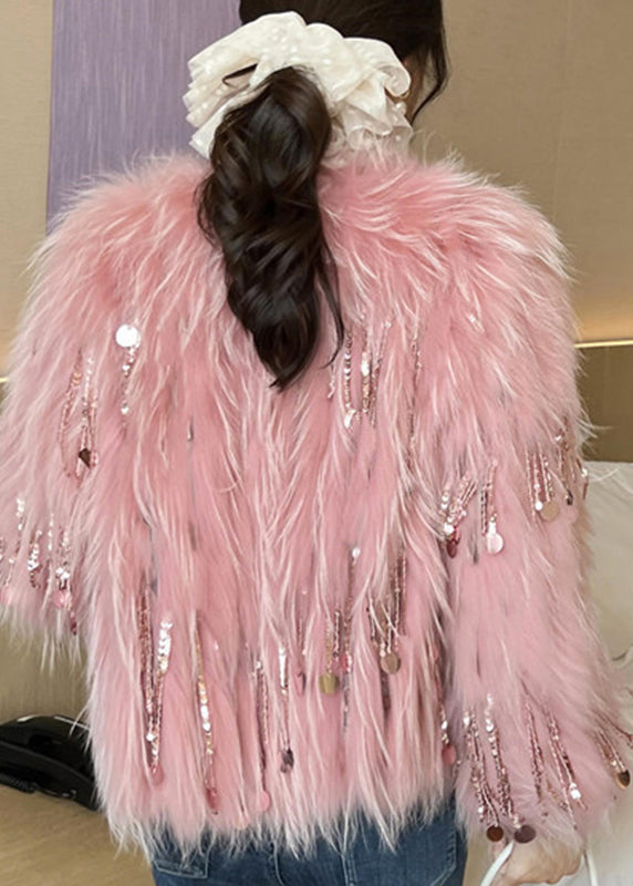 Pink O-neck Tassel Leather and Fur Coats Winter Wv032