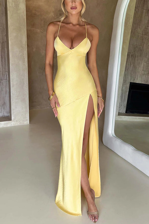 Satin Color Backless Lace Up High Slit Maxi Dress