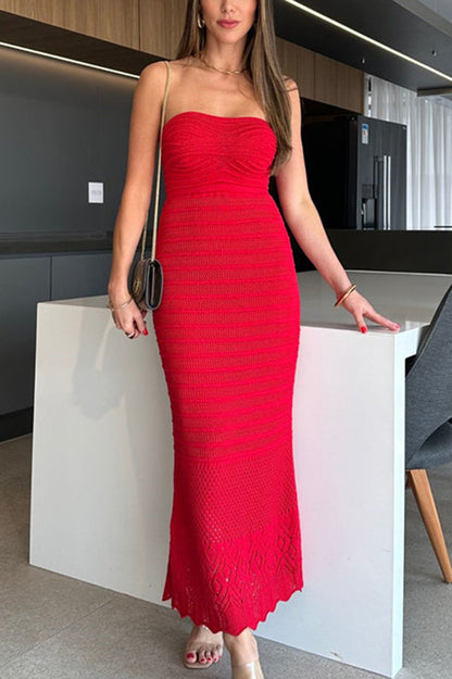 Color Knitted Off Shoulder Slim Maxi Dress