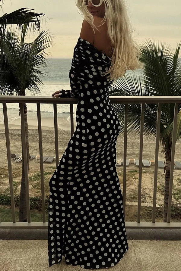 Statement Polka Dot Print Off Shoulder Ruched Stretch Maxi Dress