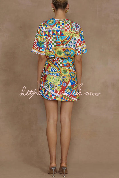 Unique Geometric Print Short Sleeve Off-waist Tie Mini Dress