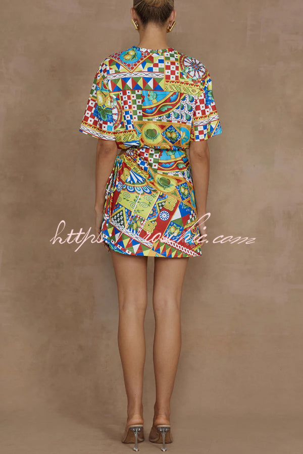 Unique Geometric Print Short Sleeve Off-waist Tie Mini Dress
