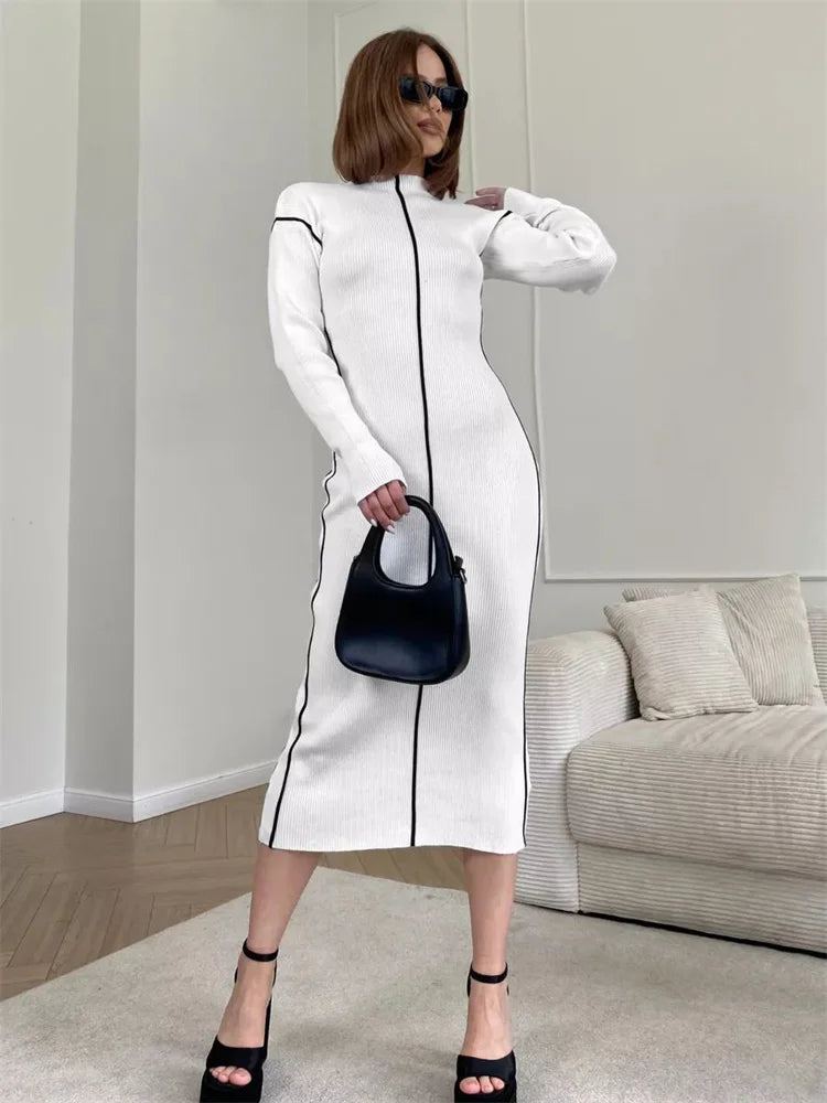 Patchwork Knit Maxi Dress for Contrast Ribbed High Waist Slim Party Dress Female Knitwear Long Dress