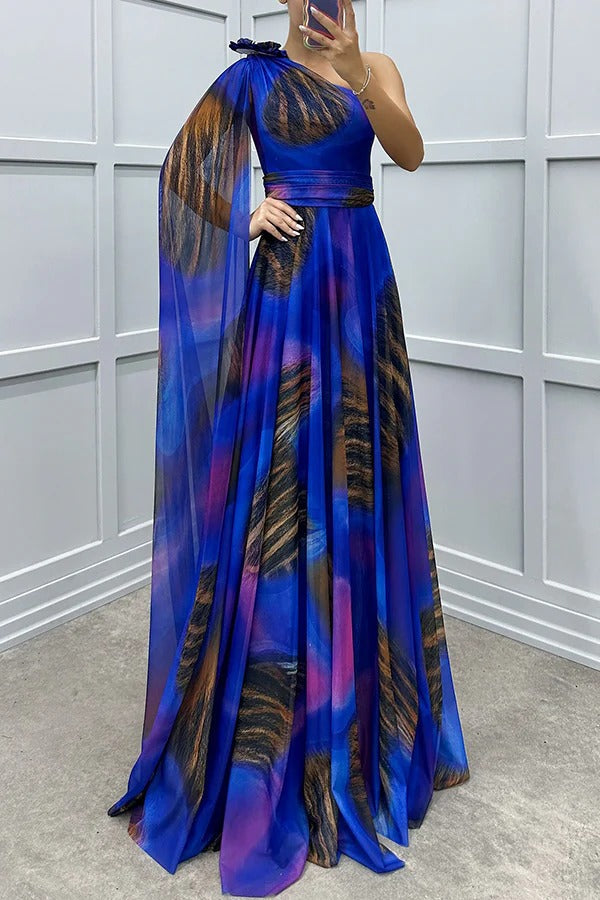 Lucia Unique Print Detail One Shoulder Draped Sleeve Gown Maxi Dress