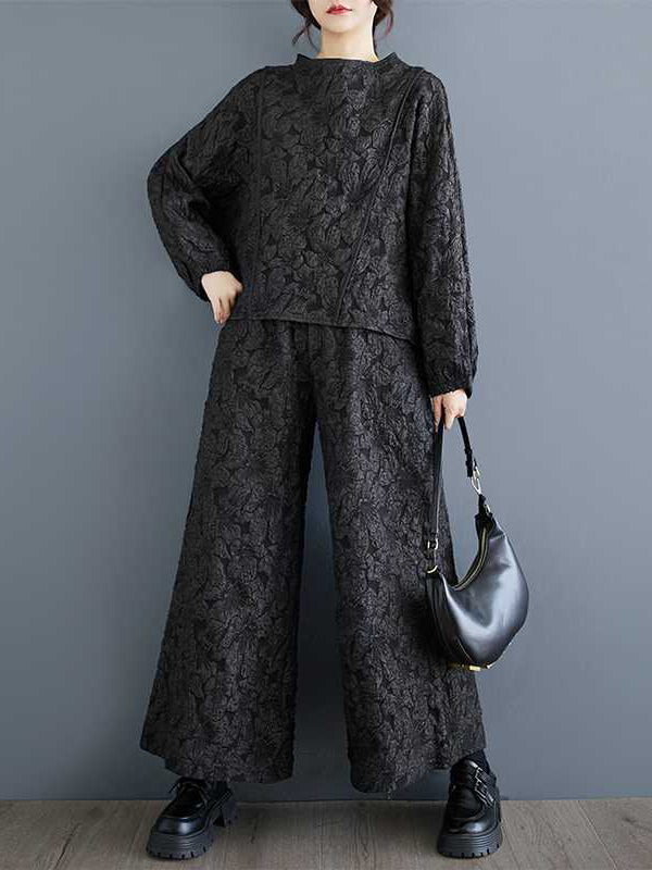 Classy Black Round-neck Jacquard Raglan Long Sleeve and Elastic Waist Pockets Wide Leg Pants Set Ws014
