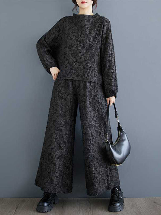 Classy Black Round-neck Jacquard Raglan Long Sleeve and Elastic Waist Pockets Wide Leg Pants Set Ws014