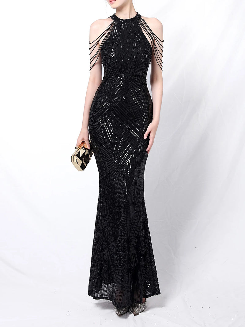 Halter Neck Sequined Evening Dresses Crystal Tassel Hip Skirt Sleeveless Rhinestone Decoration Long Dress