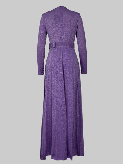 Long Sleeves Wrap Belted Pleated Color Split-side V-neck Evening Dresses Maxi Dresses