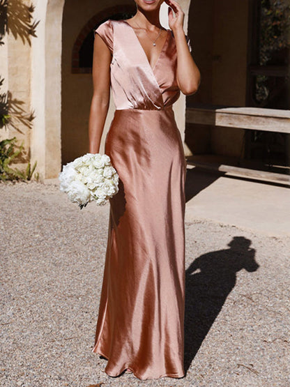 Loose Short Sleeves Pleated Color Split-joint V-neck Maxi Dresses