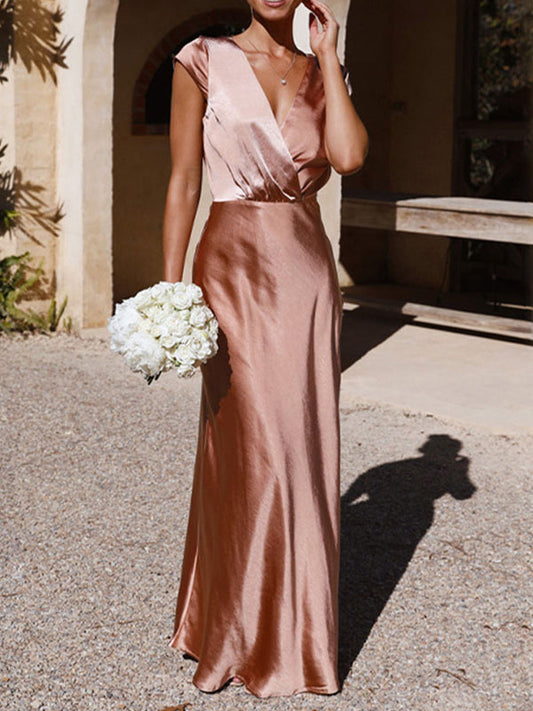Loose Short Sleeves Pleated Color Split-joint V-neck Maxi Dresses