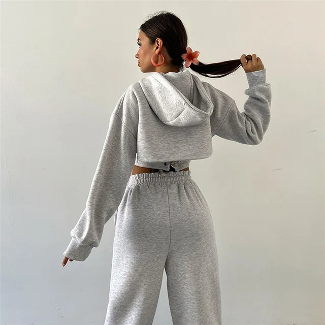 Lace Up Pants Sets Slim Splice Tank Tops Woman Long Sleeve Short Hoodies and Pant Suits Outfits Winter