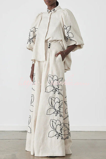 Elaina Linen Blend Print Button Pocketed Wide Leg Palazzo Pant