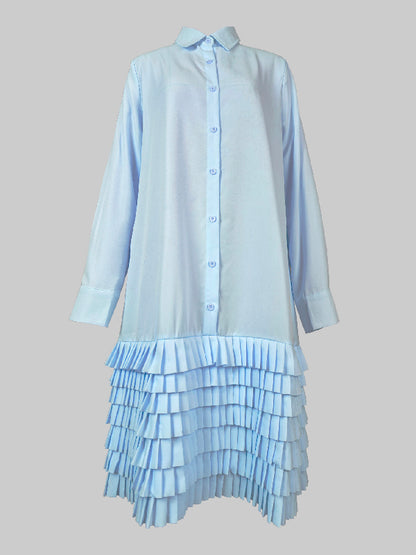 A-line Long Sleeves Layered Pleated Pockets Color Split-joint Lapel Midi Dresses Shirt Dress