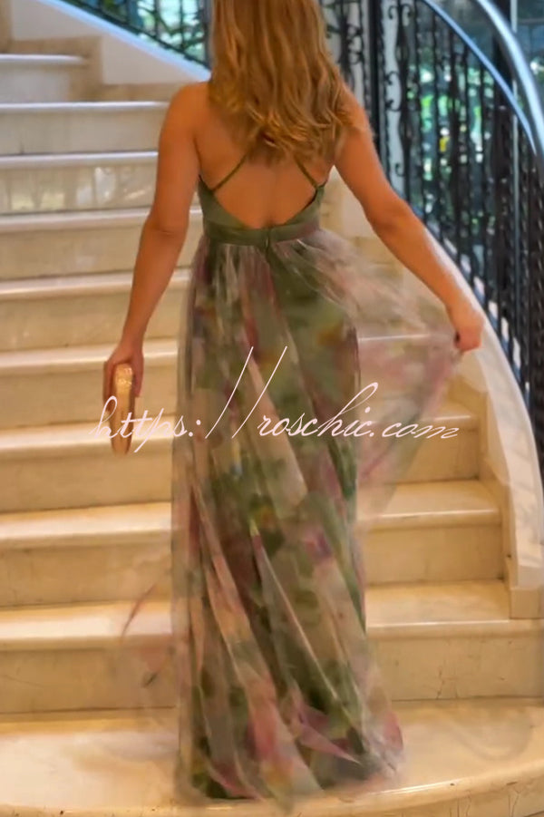 Kerrie Tulle Render Print Cross Back Straps Maxi Dress