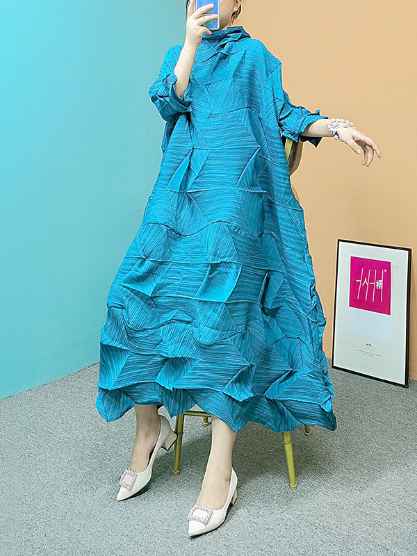 Long Sleeves Loose Pleated Color Stand Collar Maxi Dresses